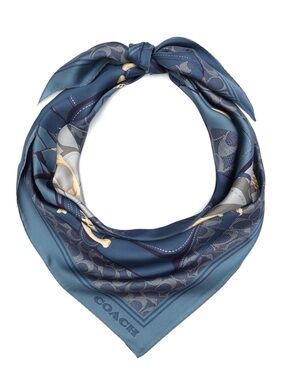 Coach Blue and Gold Silk Tabby Signature Square Scarf - New